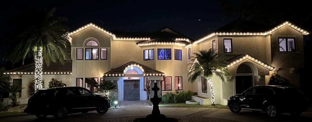 Two story install with soft white roofline lighting and palm trunks wrapped