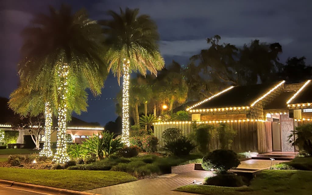 Install with tall palms wrapped in soft white lights and a side roofline outline